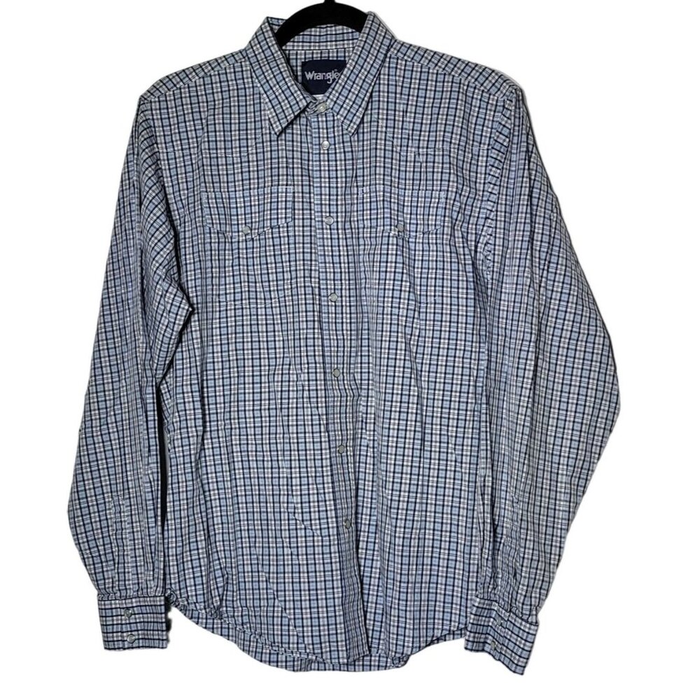 Wrangler Mens Blue Pearl Snap Plaid Long Sleeve‎ Shirt XXL Western Vintage Retro